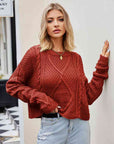 Gray Cable-Knit Round Neck Dropped Shoulder Sweater