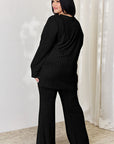 Black Basic Bae Full Size Ribbed High-Low Top and Wide Leg Pants Set Sentient Beauty Fashions Apparel & Accessories