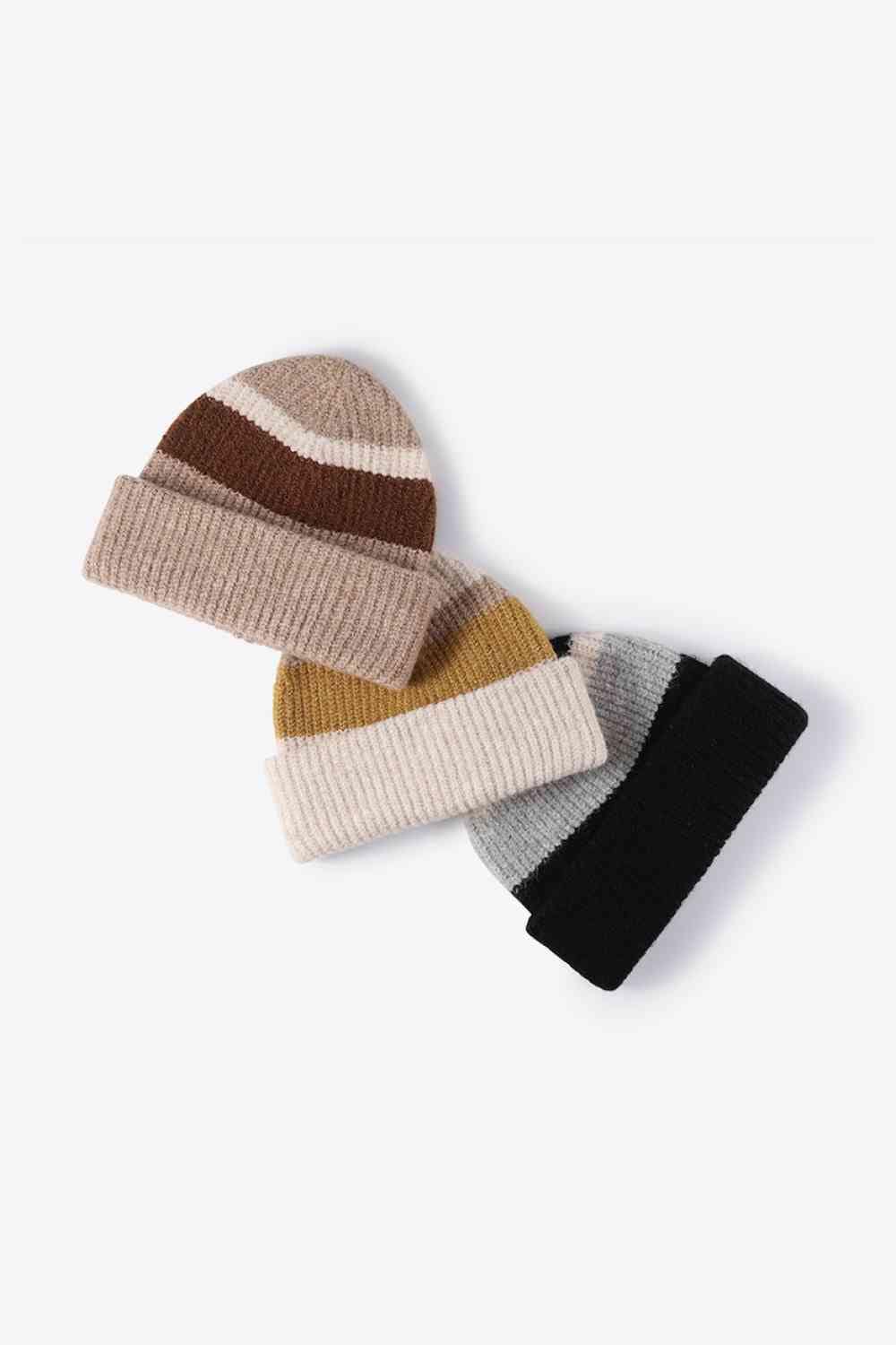 White Smoke Tricolor Cuffed Knit Beanie