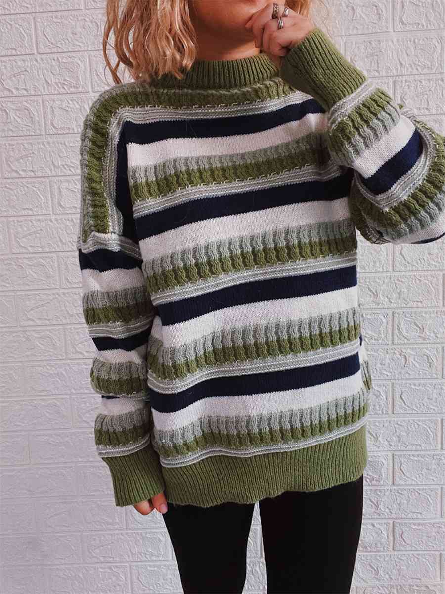 Dark Gray Striped Drop Shoulder Round Neck Sweater