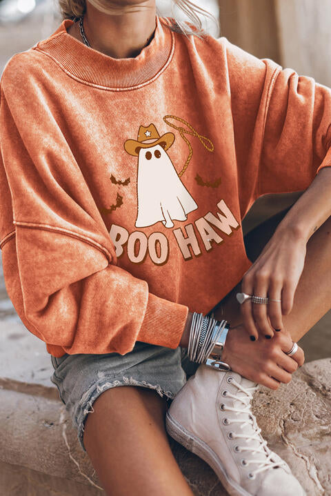 Sienna BOO HAW Ghost Graphic Dropped Shoulder Round Neck Sweatshirt Sentient Beauty Fashions Apparel & Accessories