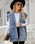 Gray Hooded Sleeveless Denim Top with Pockets