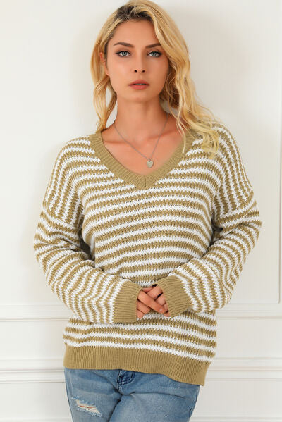 Light Gray Striped V-Neck Dropped Shoulder Sweater Sentient Beauty Fashions Apparel &amp; Accessories