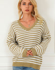 Light Gray Striped V-Neck Dropped Shoulder Sweater Sentient Beauty Fashions Apparel & Accessories