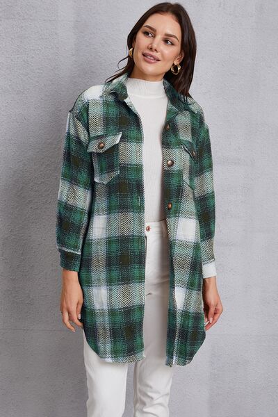 Dark Gray Plaid Button Up Dropped Shoulder Coat with Pockets Sentient Beauty Fashions Apparel &amp; Accessories