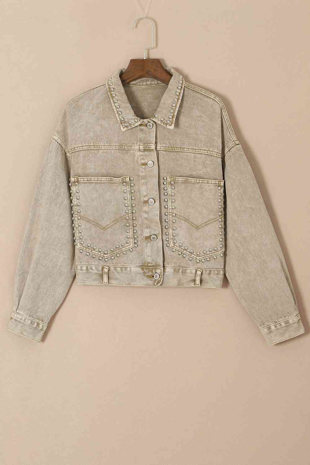 Tan Studded Collared Neck Denim Jacket with Pockets Sentient Beauty Fashions Apparel &amp; Accessories