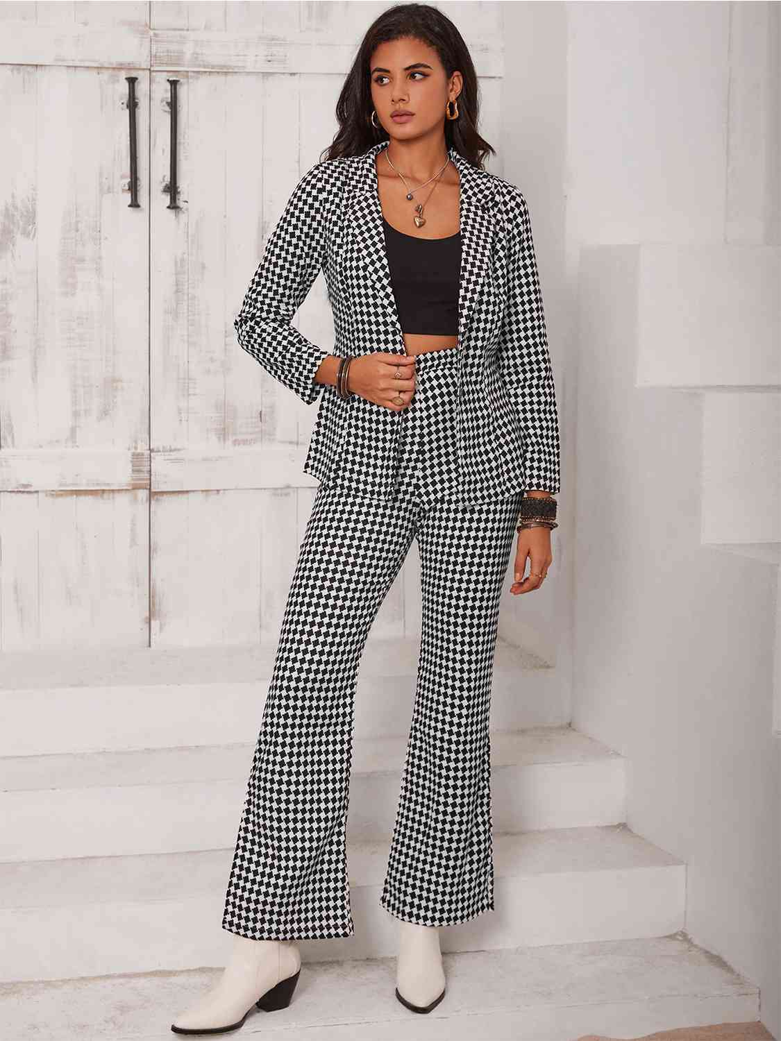 Gray Checkered Blazer & Slit Pants Set Sentient Beauty Fashions Apparel & Accessories