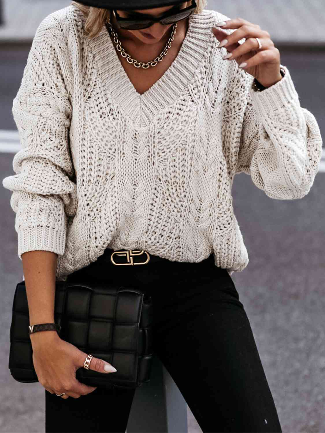 Dim Gray V-Neck Cable-Knit Long Sleeve Sweater Sentient Beauty Fashions Apparel & Accessories