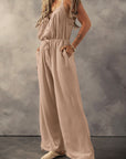 Dim Gray Waffle-Knit Drawstring Wide Strap Jumpsuit Sentient Beauty Fashions Apparel & Accessories