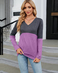 Light Slate Gray V-Neck Long Sleeve Two-Tone T-Shirt