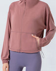 Rosy Brown Drawstring Zip Up Dropped Shoulder Active Outerwear Sentient Beauty Fashions Apparel & Accessories