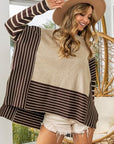 Tan BiBi Striped Contrast Long Sleeve Slit Top