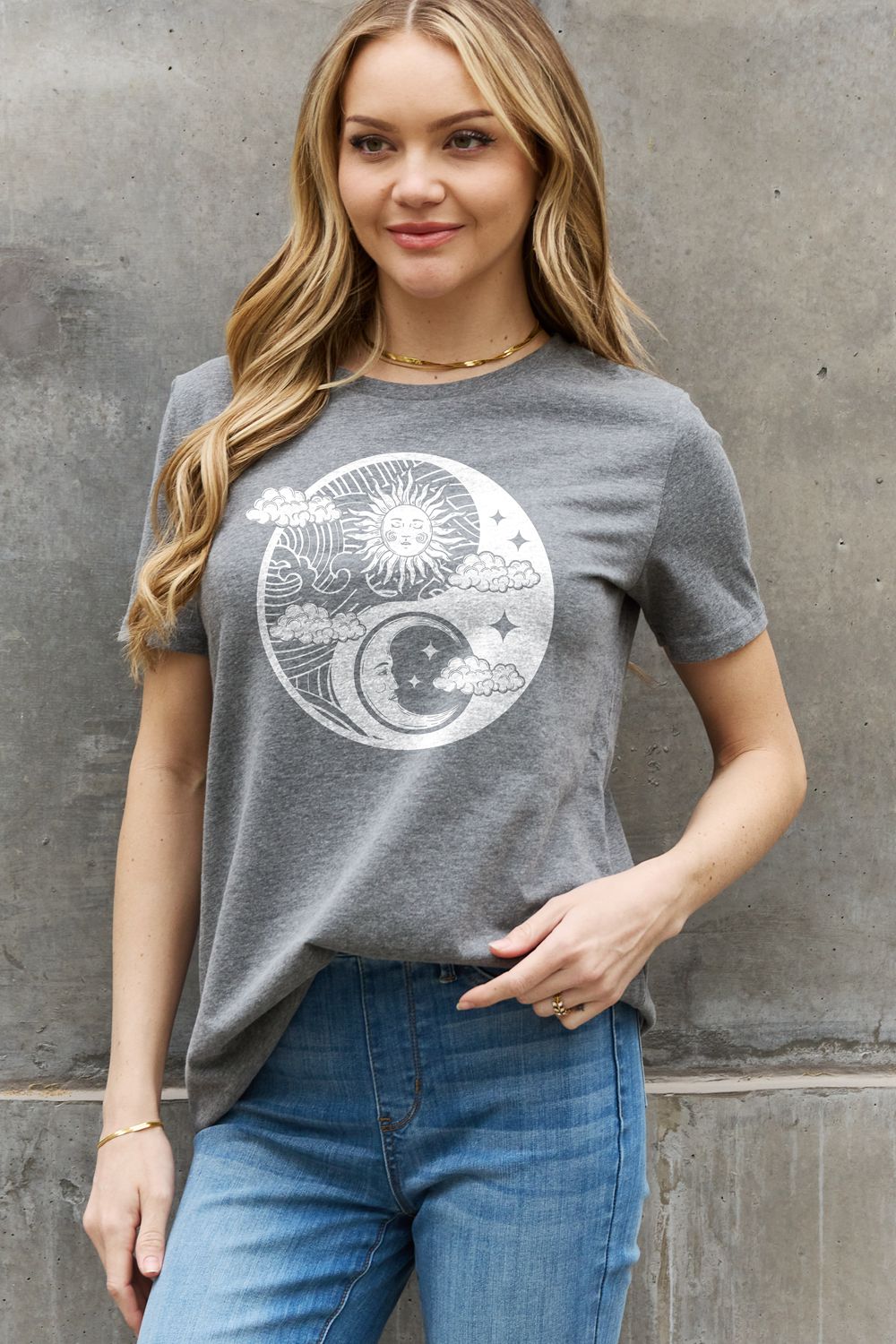Light Slate Gray Simply Love Full Size Sun and Moon Graphic Cotton Tee Sentient Beauty Fashions Apparel &amp; Accessories