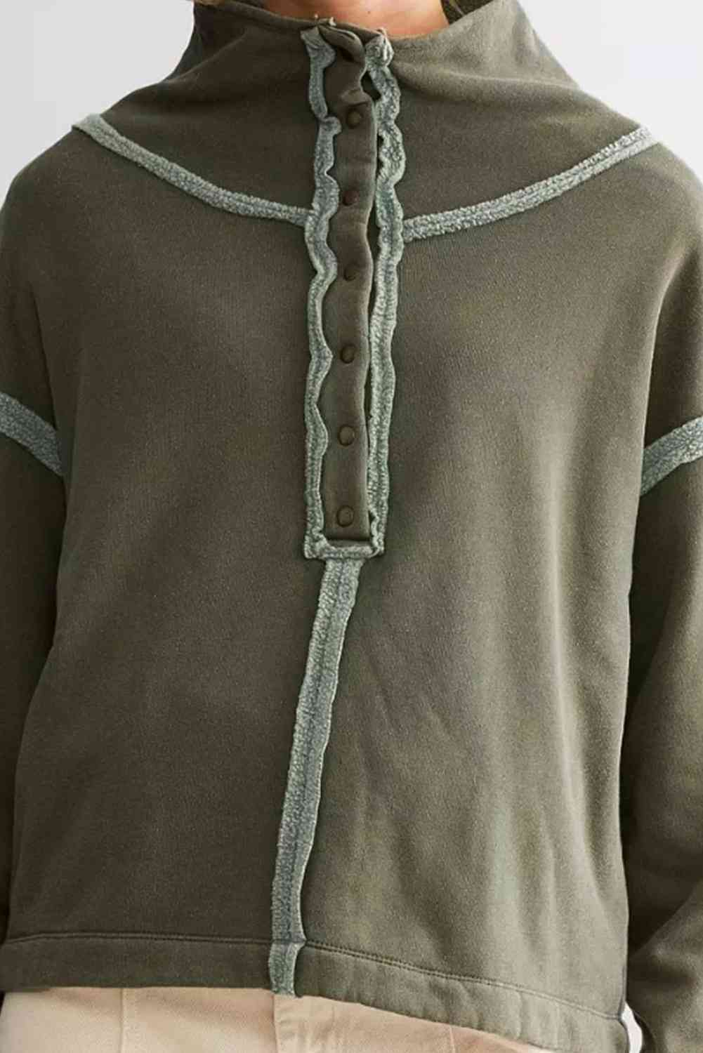 Dark Slate Gray Collared Neck Half Sanp Up Drop Shoulder Sweatshirt Sentient Beauty Fashions Apparel & Accessories