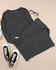 Dark Slate Gray Striped Round Neck Top and Drawstring Pants Set Sentient Beauty Fashions Apparel & Accessories