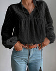Dark Slate Gray Swiss Dot Lace Detail Tie Neck Shirt Sentient Beauty Fashions Apparel & Accessories
