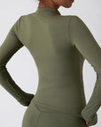 Dark Olive Green Zip Up Mock Neck Active Outerwear Sentient Beauty Fashions Apparel & Accessories