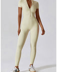 Light Gray Half Zip Short Sleeve Active Jumpsuit Sentient Beauty Fashions Apparel & Accessories