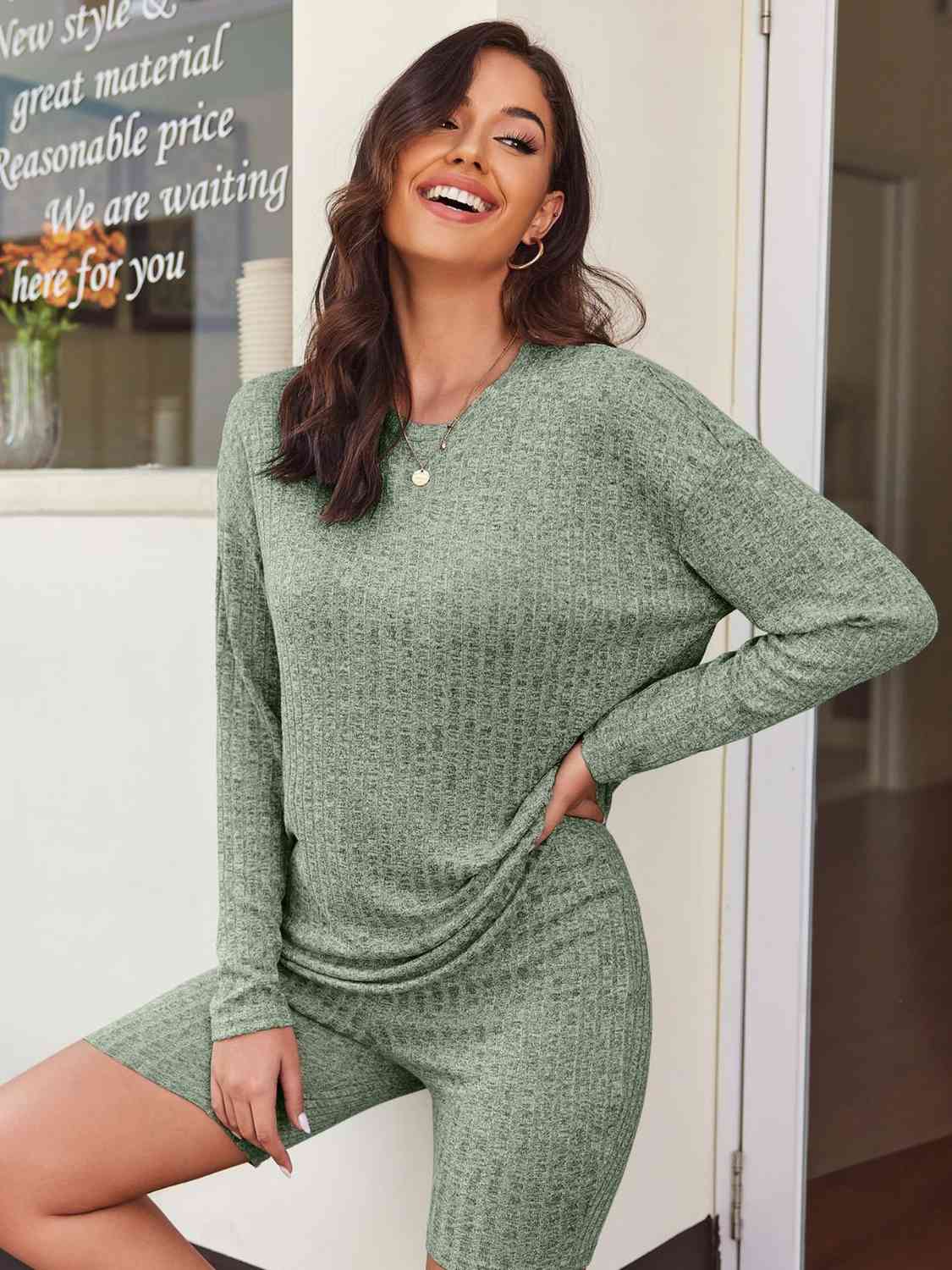 Gray Ribbed Long Sleeve Top and Shorts Set Sentient Beauty Fashions Apparel &amp; Accessories