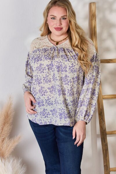 Gray Hailey &amp; Co Full Size Lace Detail Printed Blouse Sentient Beauty Fashions Apparel &amp; Accessories
