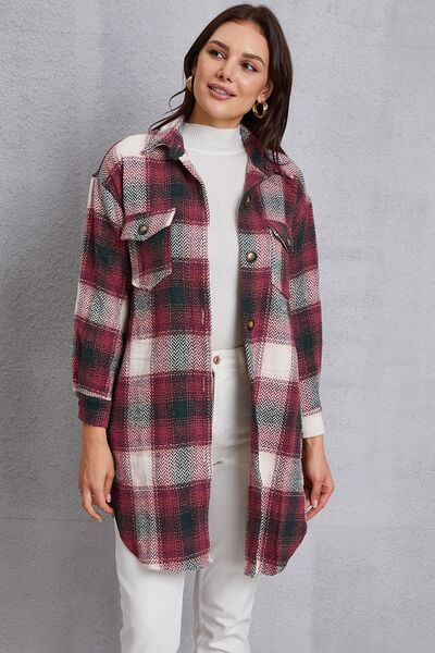 Plaid Button Up Dropped Shoulder Coat with Pockets