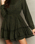 Dark Slate Gray Leopard Smock Waist Long Sleeve Dress