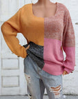 Gray Color Block Decorative Button Long Sleeve Sweater