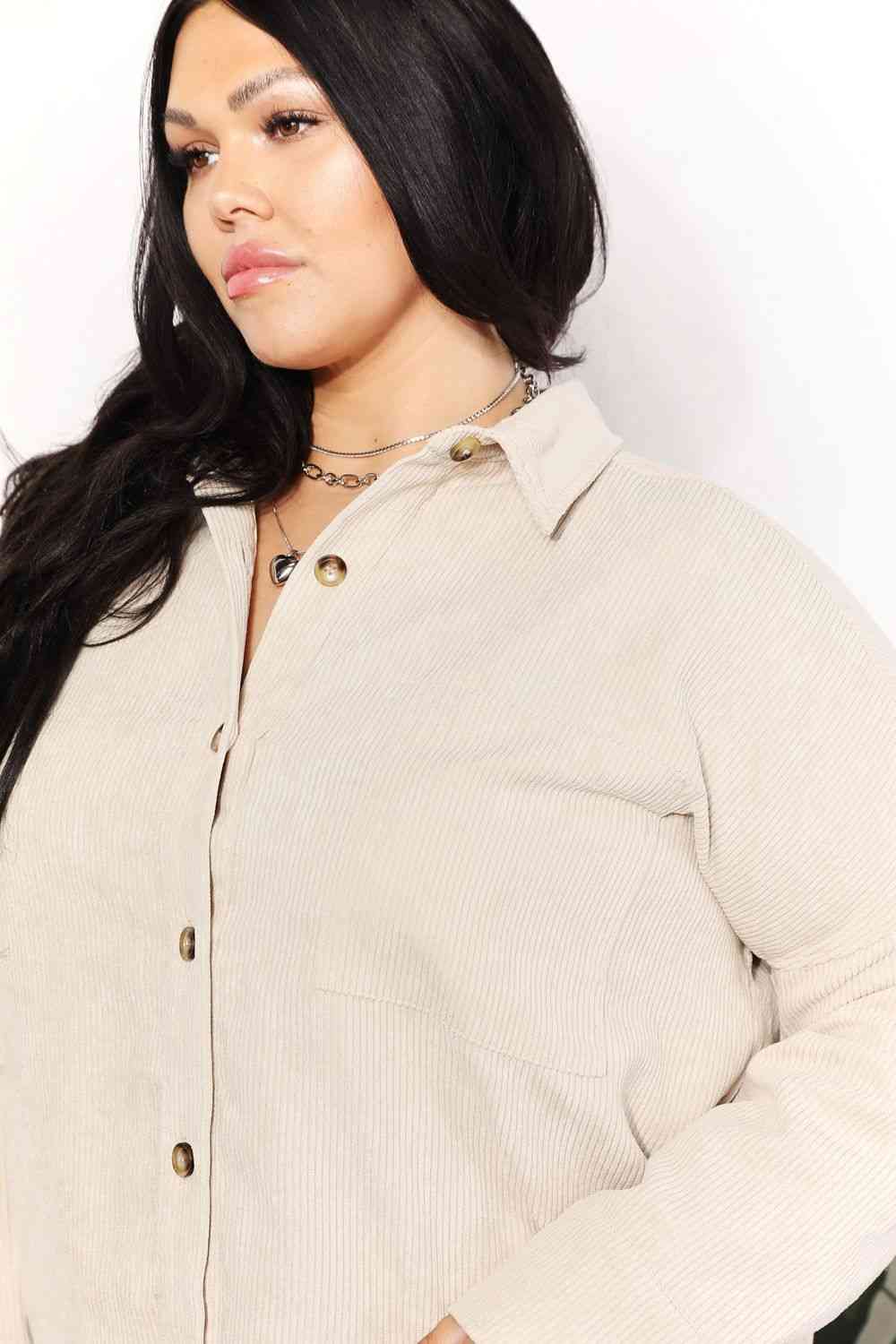 Antique White HEYSON Full Size Oversized Corduroy  Button-Down Tunic Shirt with Bust Pocket Sentient Beauty Fashions Apparel &amp; Accessories