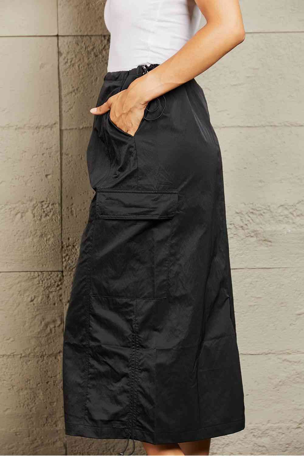 Dark Gray HYFVE Just In Time High Waisted Cargo Midi Skirt in Black Sentient Beauty Fashions Apparel &amp; Accessories