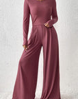 Light Gray Ribbed Round Neck Top and Wide-Leg Pants Set Sentient Beauty Fashions Apparel & Accessories