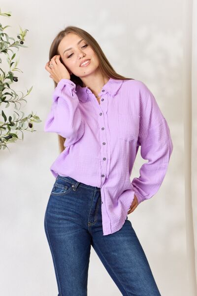 Light Gray Zenana Full Size Texture Button Up Raw Hem Long Sleeve Shirt Sentient Beauty Fashions Apparel & Accessories