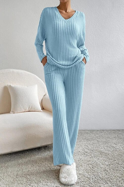 Gray Ribbed V-Neck Top and Pants Set