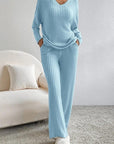 Gray Ribbed V-Neck Top and Pants Set Sentient Beauty Fashions Apparel & Accessories