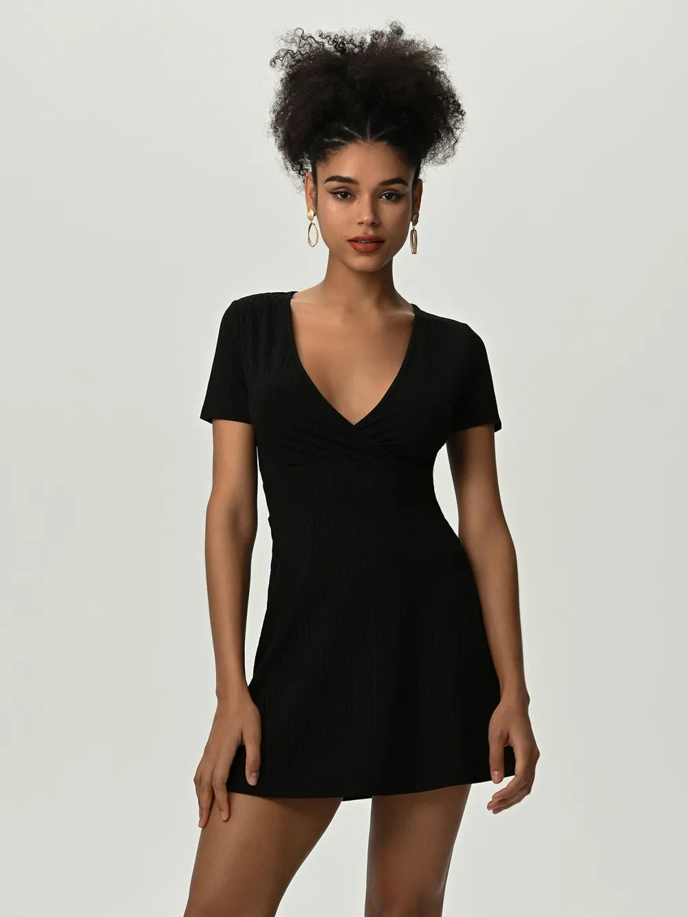 Black Deep V Short Sleeve Mini Dress Sentient Beauty Fashions Apparel &amp; Accessories
