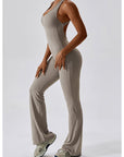Light Gray Cutout Wide Strap Bootcut Active Jumpsuit Sentient Beauty Fashions Apparel & Accessories