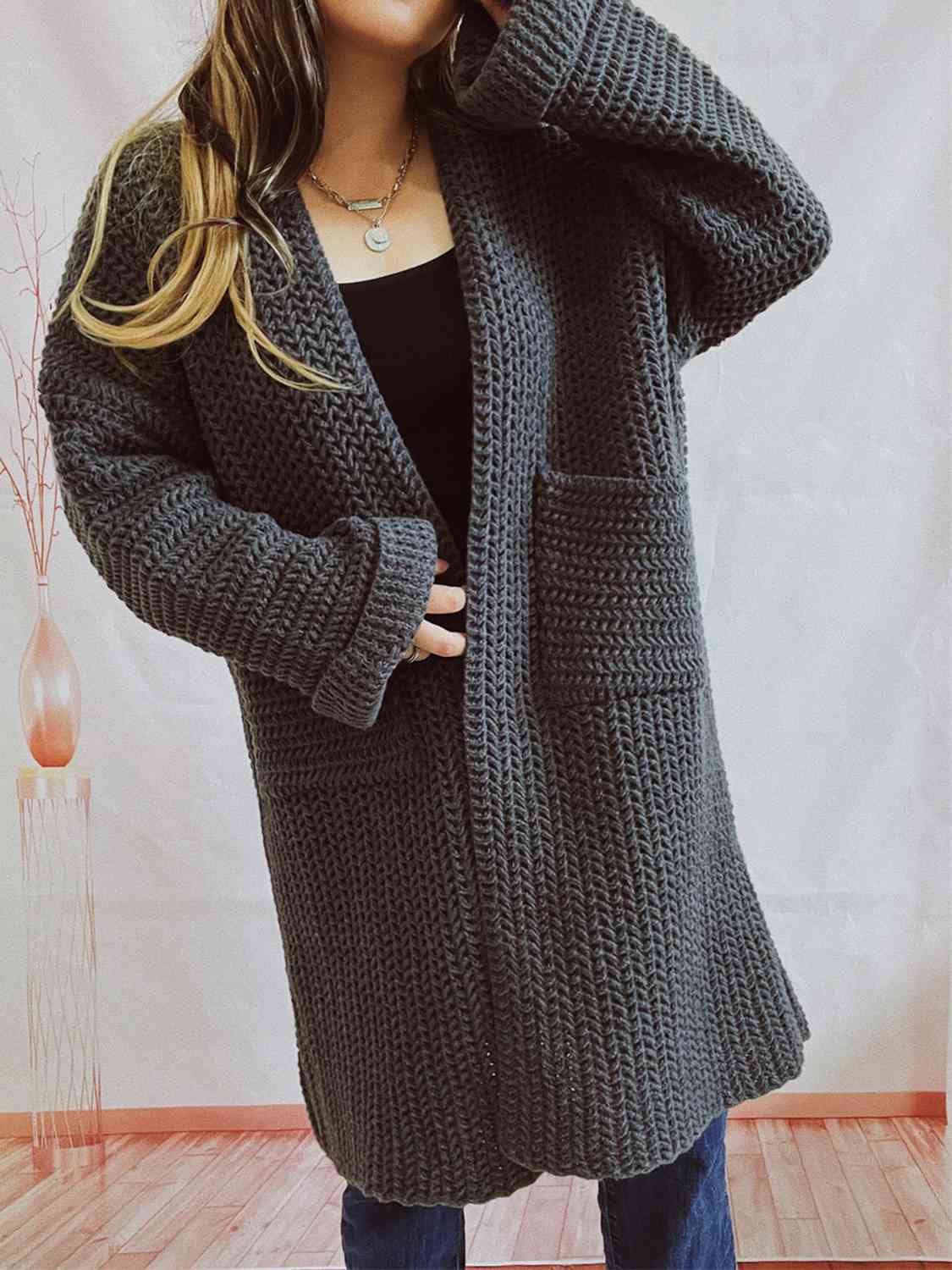 Dark Slate Gray Open Front Long Sleeve Cardigan with Pockets Sentient Beauty Fashions Apparel &amp; Accessories