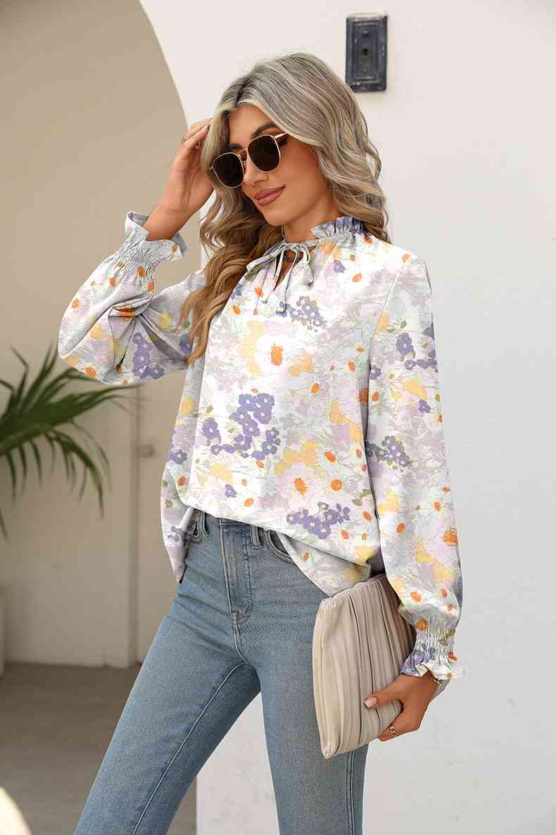 Gray Printed Tie Neck Flounce Sleeve Blouse Sentient Beauty Fashions Apparel &amp; Accessories