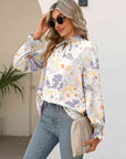 Gray Printed Tie Neck Flounce Sleeve Blouse Sentient Beauty Fashions Apparel & Accessories