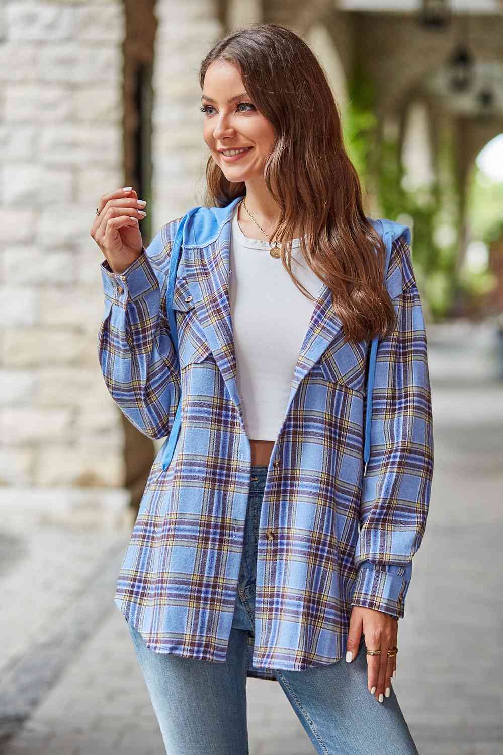 Gray Plaid Long Sleeve Hooded Jacket Sentient Beauty Fashions Apparel &amp; Accessories