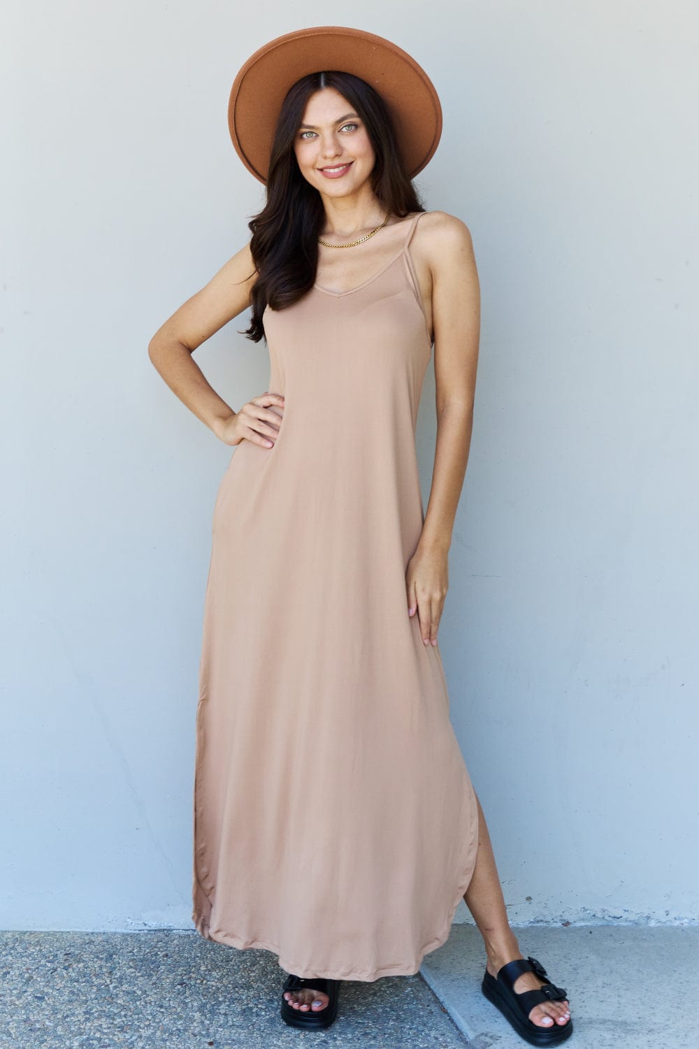 Gray Ninexis Good Energy Full Size Cami Side Slit Maxi Dress in Camel