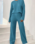 Dark Slate Blue Ribbed Half Button Top and Pants Set Sentient Beauty Fashions Apparel & Accessories