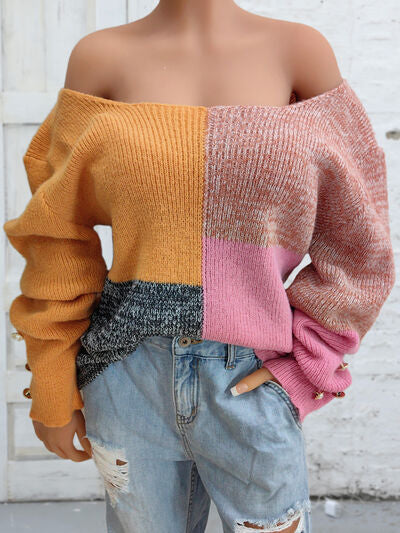 Rosy Brown Color Block Decorative Button Long Sleeve Sweater Sentient Beauty Fashions Apparel & Accessories
