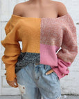 Rosy Brown Color Block Decorative Button Long Sleeve Sweater