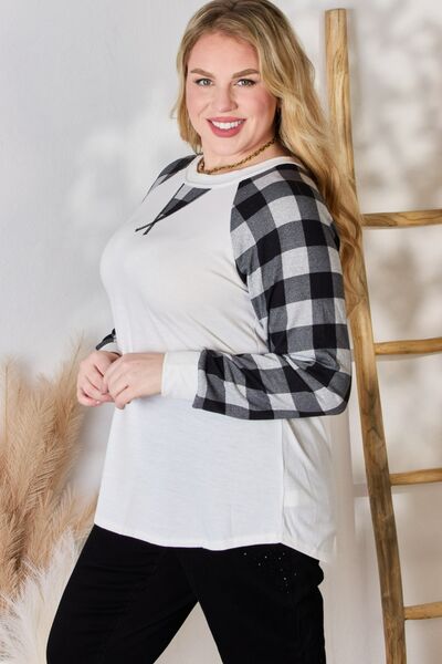 Gray Hailey &amp; Co Full Size Plaid Raglan Sleeve Round Neck Blouse Sentient Beauty Fashions Apparel &amp; Accessories