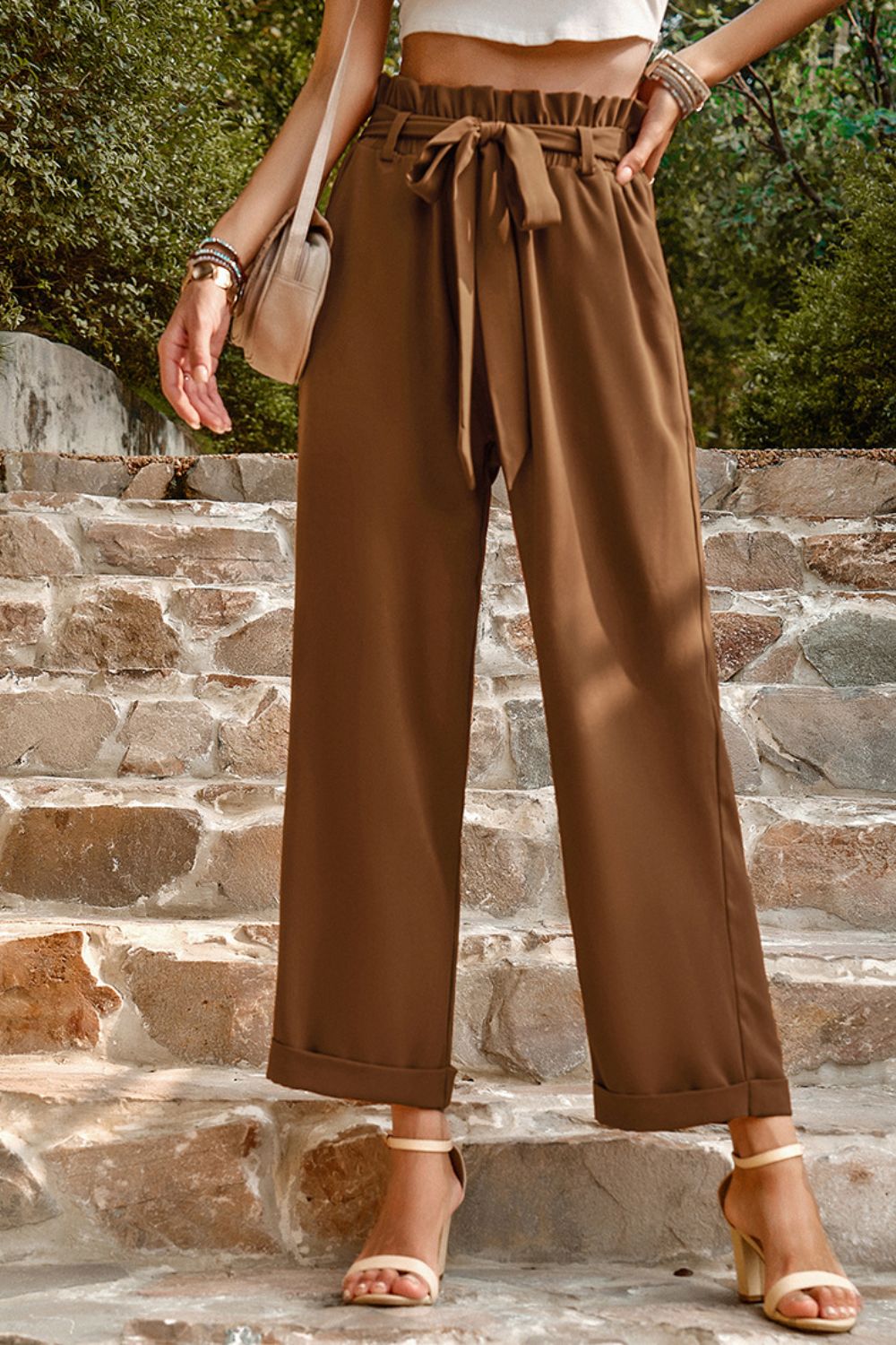 Sienna Tie Belt Paperbag Waist Straight Leg Pants Sentient Beauty Fashions Apparel &amp; Accessories