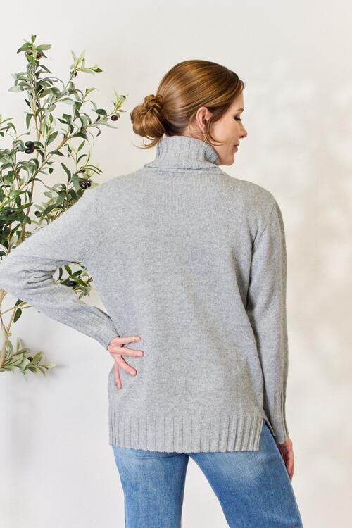 Light Gray Heimish Full Size Turtleneck Long Sleeve Slit Sweater Sentient Beauty Fashions Apparel & Accessories