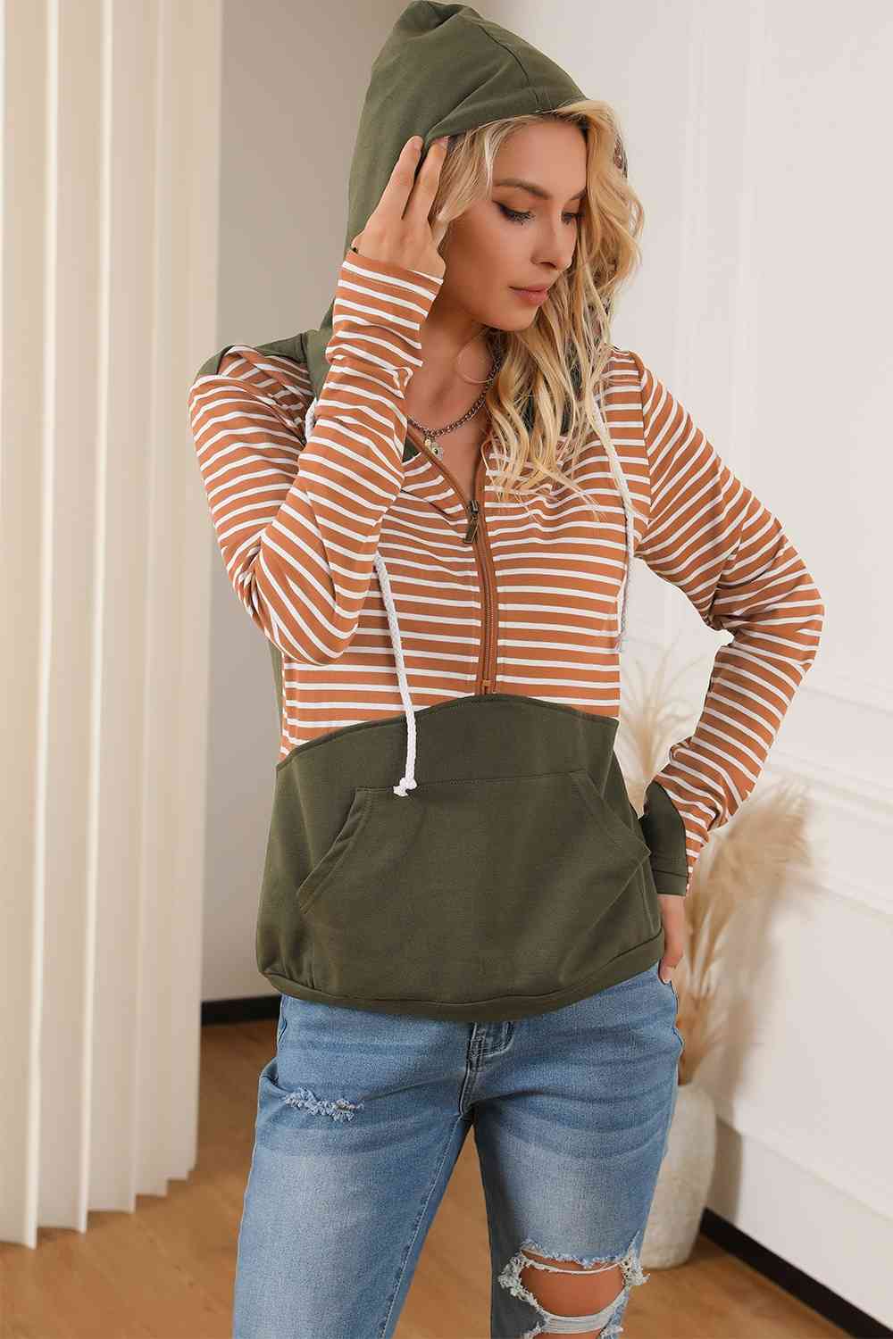 Gray Striped Color Block Drawstring Hoodie Sentient Beauty Fashions Apparel &amp; Accessories
