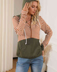 Gray Striped Color Block Drawstring Hoodie