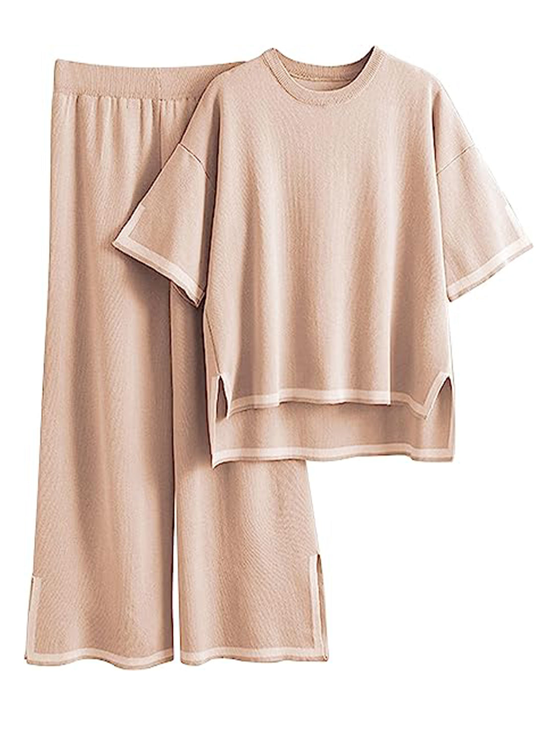 Tan Contrast High-Low Sweater and Knit Pants Set Sentient Beauty Fashions Apparel &amp; Accessories