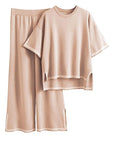 Tan Contrast High-Low Sweater and Knit Pants Set Sentient Beauty Fashions Apparel & Accessories